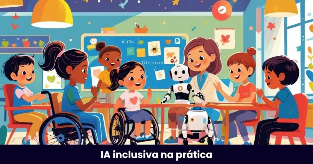 Sala de aula inclusiva com recursos de IA e alunos cadeirantes, autistas e outros diversos alunos, todos felizes interagindo com o robô, e professora e os recursos tecnológicos acessíveis