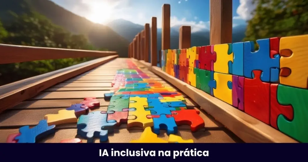 Imagem de uma barreira desconstruída com uma parede com peças de quebra-cabeça que representam o símbolo do autismo, ao fundo uma montanha com um céu azul, algumas nuvens e um pôr do sol.