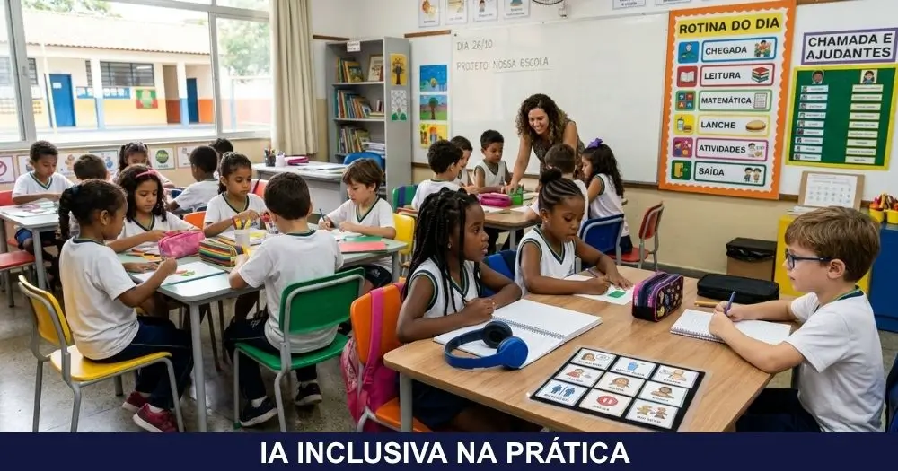 Sala de aula com recursos de acessibilidade: rotina visual, fone abafador e cartelas de comunicação alternativa