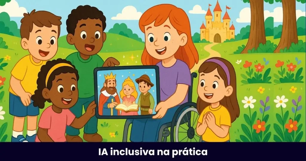 Ilustração digital colorida com crianças diversas, incluindo uma menina cadeirante, interagindo com um tablet que exibe personagens de conto de fadas. Ao fundo, natureza e castelo, representando histórias digitais inclusivas na educação.