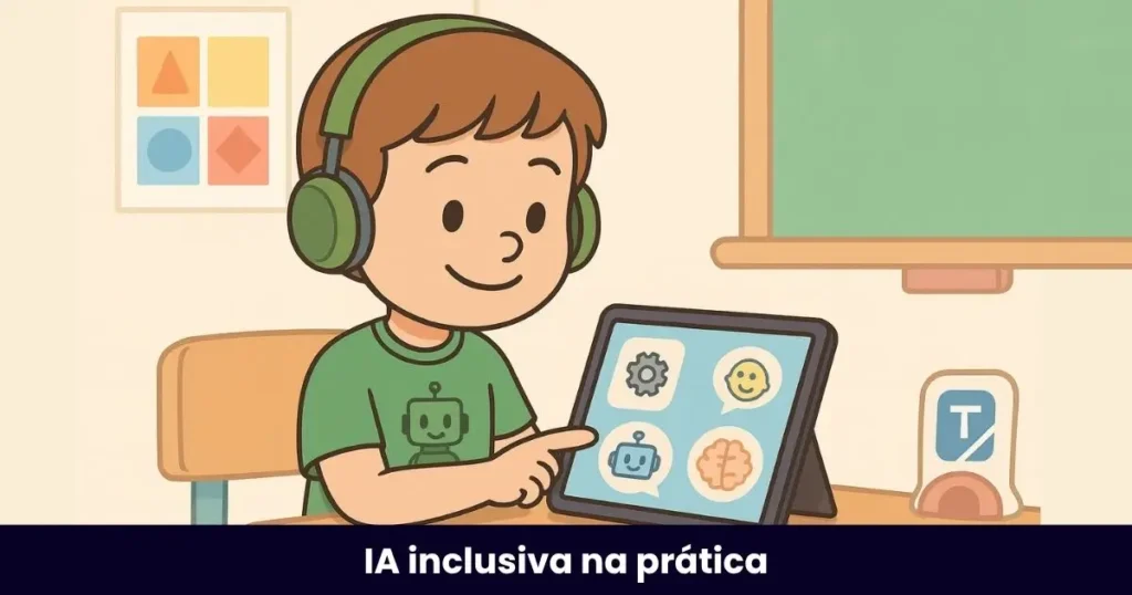 Ilustração colorida do personagem Nico, menino autista da Turminha Inclusiva, interagindo com um tablet educativo com ícones de inteligência artificial, em uma sala de aula inclusiva com recursos visuais e tecnológicos.