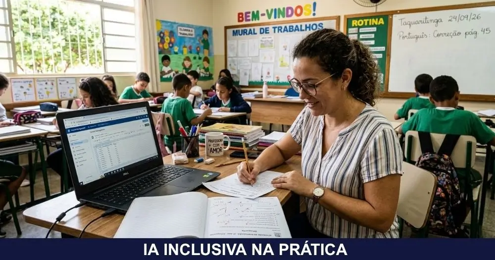 Professora usando ferramentas de inteligência artificial para adaptar uma atividade impressa