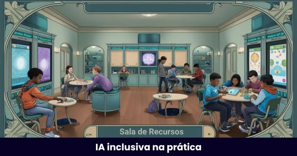 Alunos e professora usando ferramentas de IA na sala de recursos multifuncionais para personalização no AEE
