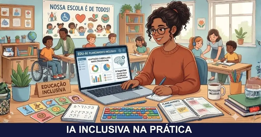 Professora planejando adaptações pedagógicas no AEE com apoio de inteligência artificial em ambiente escolar inclusivo.