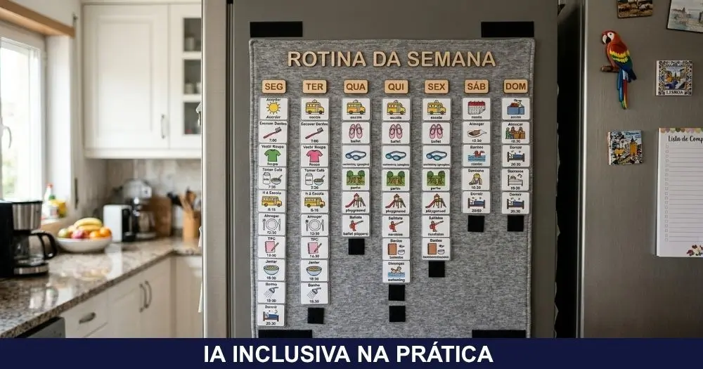 Quadro de rotina na porta da geladeira com cinco cartões ilustrados em sequência: acordar, banheiro, roupa, café e mochila