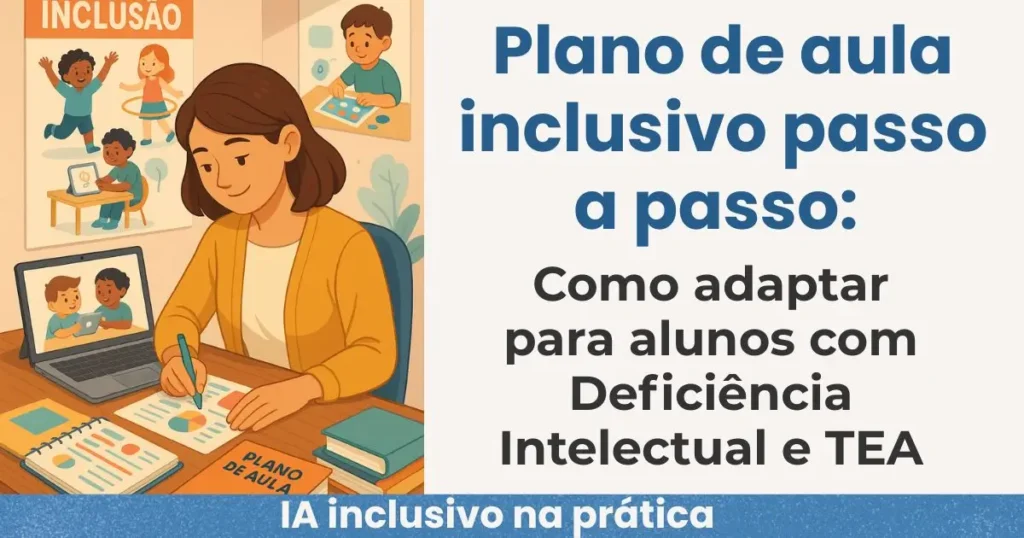 Ilustração digital com professora explicando plano de aula para crianças diversas com e sem deficiência em ambiente acolhedor e acessível, com elementos visuais e didáticos. Estilo flat, colorido e harmonioso.