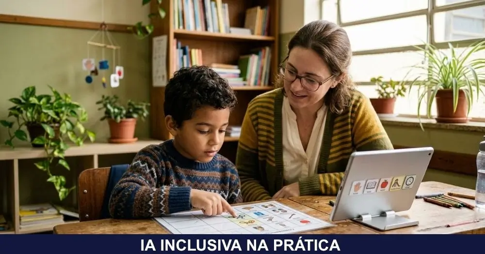 Professora e aluno usando prancha de comunicação com pictogramas e agenda visual no tablet