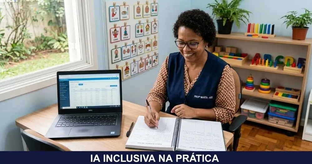 Professora do AEE registrando observações do estudante ao lado do notebook, usando inteligência artificial como apoio ao planejamento em sala de recursos multifuncionais