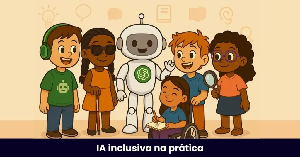 chatgpt-aee-turminha-inclusiva. Ilustração colorida da Turminha Inclusiva com o ChatGPT: crianças diversas em um ambiente educacional, com acessibilidade, inclusão e tecnologia no AEE.