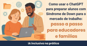 Jovem com síndrome de Down usando notebook com apoio de mentor em ambiente inclusivo, representando a acessibilidade no ensino profissionalizante com IA.