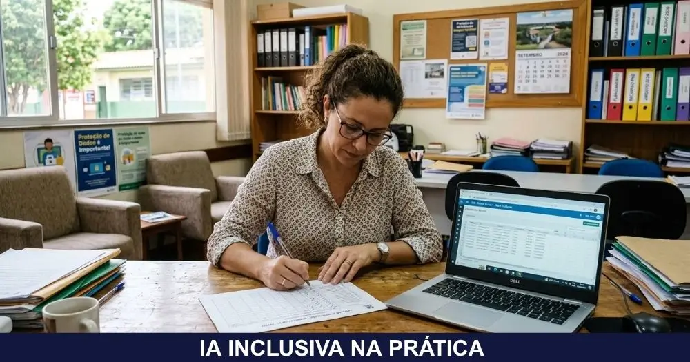 Professora avaliando ferramenta de inteligência artificial com lista de critérios para educação inclusiva