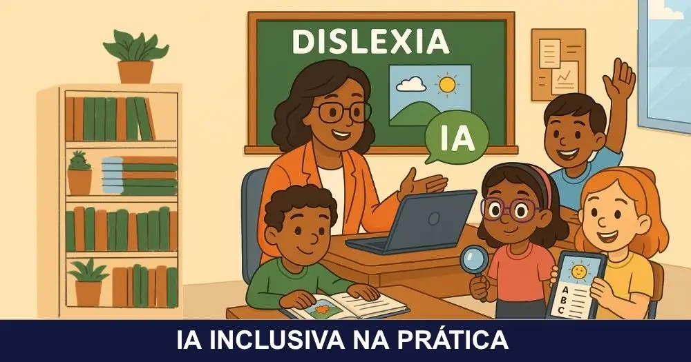 Professora explicando sobre dislexia e inteligência artificial com alunos da Turminha Inclusiva em sala de aula; Loli segura uma lupa com expressão curiosa enquanto os colegas usam tablet e livro, em um ambiente acolhedor e inclusivo.