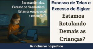 Ilustração de uma criança cercada por telas com expressão confusa, representando a sobrecarga digital na infância
