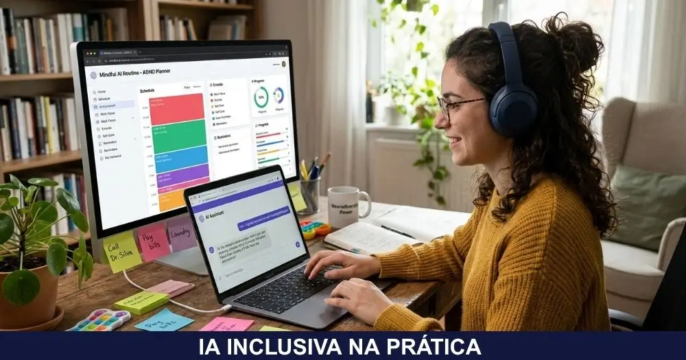 Mulher usando ferramentas de inteligência artificial no computador para organizar a rotina com TDAH