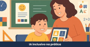 "Tecnologias Assistivas para Alunos com Deficiência Intelectual: Um Guia Prático com Exemplos Reais", mostrando uma professora e um aluno sorridentes usando um tablet com ícones de acessibilidade, em sala de aula inclusiva.