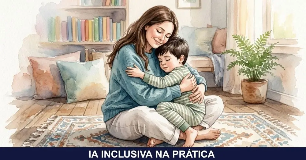 Ilustração em aquarela de uma mãe sentada no chão abraçando o filho, os dois de olhos fechados