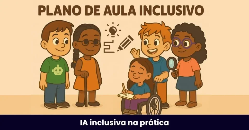 Turminha Inclusiva representando alunos com diferentes necessidades em um plano de aula inclusivo passo a passo para Deficiência Intelectual e TEA.
