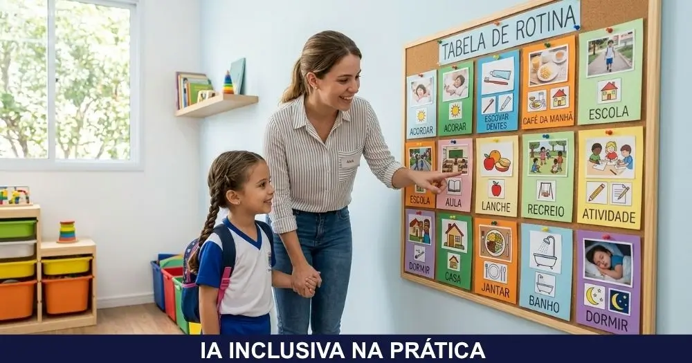 Professora e estudante consultando juntos a rotina visual da turma em sala de aula inclusiva