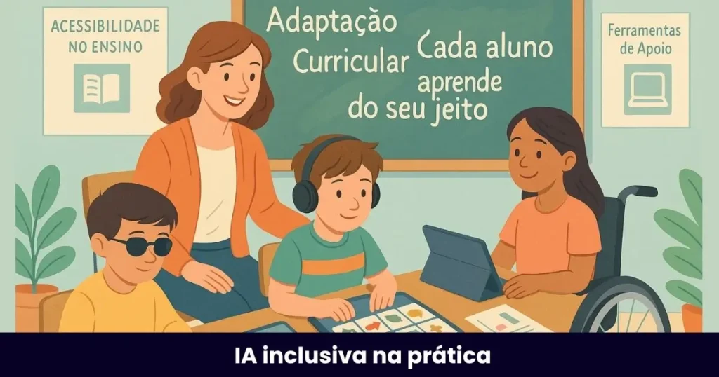 Ilustração digital de uma sala de aula inclusiva, com uma professora e três alunos com diferentes deficiências: um aluno com deficiência visual lendo em braile, outro com fones de ouvido usando um recurso visual com pictogramas, e uma aluna cadeirante utilizando um tablet. Ao fundo, um quadro com a frase: "Adaptação Curricular: Cada aluno aprende do seu jeito."