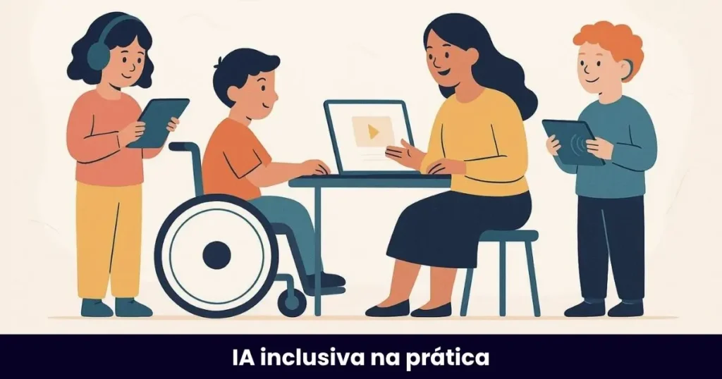 Ilustração digital de uma sala de aula inclusiva, com uma professora e três alunos com diferentes deficiências: um aluno com fone e tablete usando recurso visual e auditivo, outro aluno na cadeira de rodas observando a professora no computador e outro aluno com tablete nas mãos usando recurso visual.