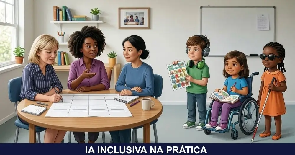 Professora da sala regular, professora do AEE e uma mãe planejam juntas o PEI de um estudante, acompanhadas por Nico, Sofia e Luna, da Turminha Inclusiva.