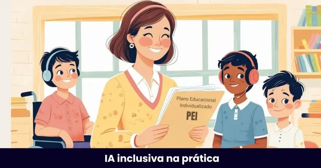 Ilustração de uma professora segurando um plano educacional individualizado (PEI), cercada por alunos diversos, incluindo uma aluna cadeirante e um aluno com fones de ouvido.