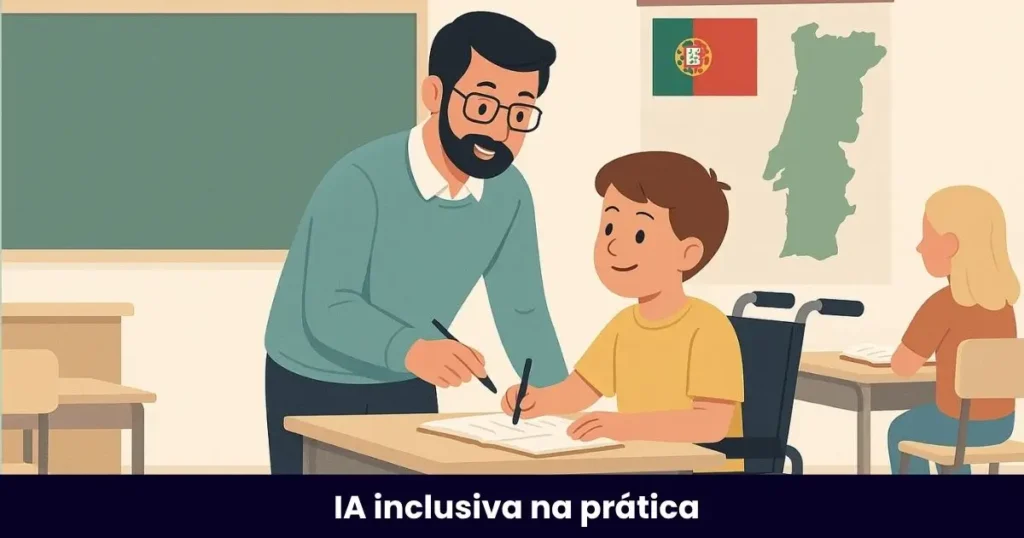 Professor de educação especial auxiliando aluno em sala de aula inclusiva em Portugal
