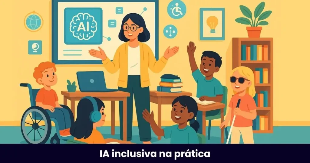 Ilustração de sala de aula inclusiva, com crianças com e sem deficiência aprendendo juntas, uso de tecnologia e recursos de acessibilidade.