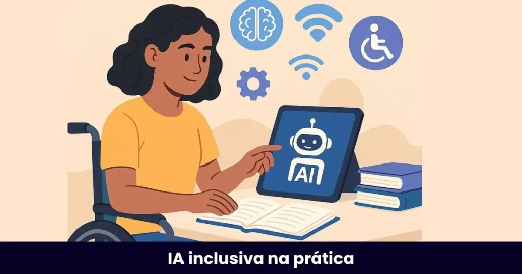 Pessoa com deficiência estudando para concurso com apoio da inteligência artificial, tablet e recursos acessíveis.