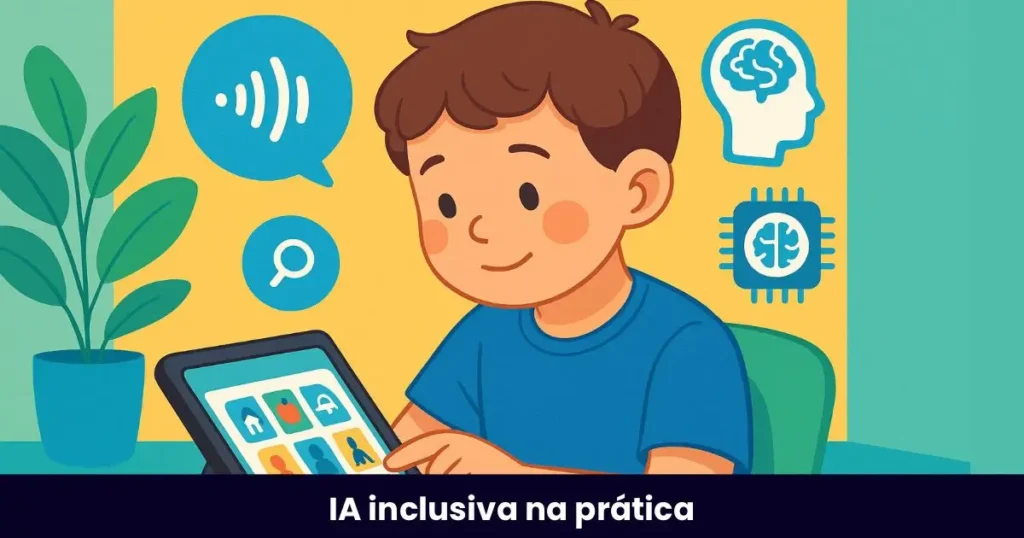 Menino autista usando tablet com aplicativo de comunicação assistiva, cercado de ícones de inteligência artificial.