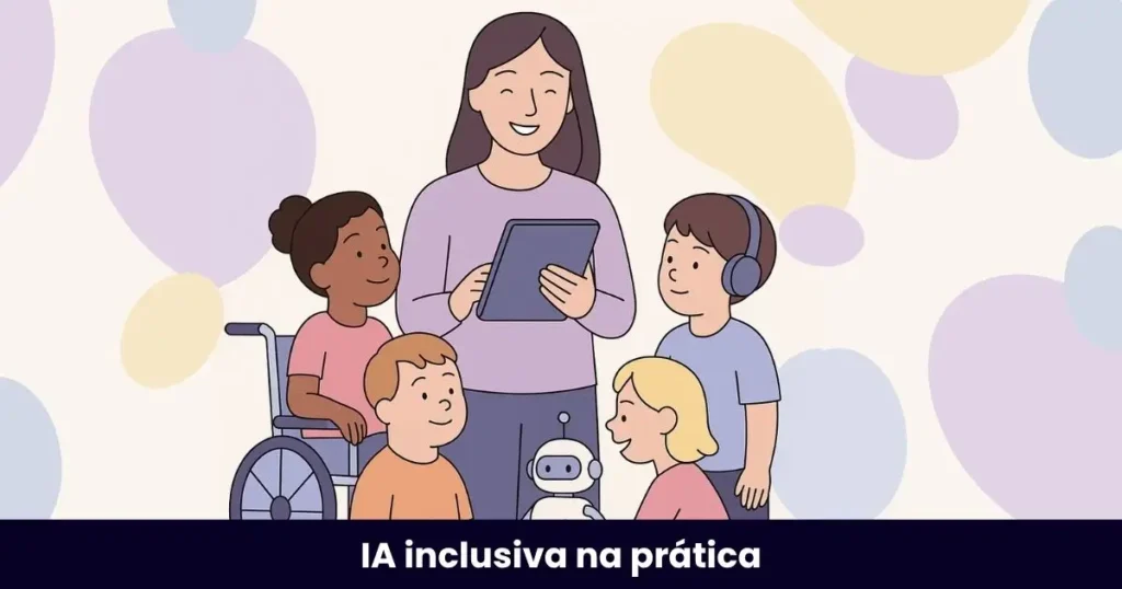 Capa do mini ebook "Planos de Aula Inclusivos – Volume 1", com ilustração de professora com tablet, crianças diversas, incluindo aluno cadeirante, aluno com fones e um robô representando a inteligência artificial.