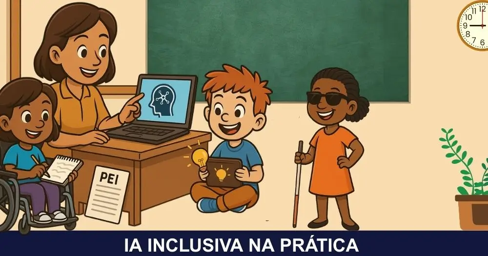 Professora usando Inteligência Artificial para elaborar um PEI enquanto interage com Sofia, Beni e Luna da Turminha Inclusiva, representando aprendizagem acessível, tecnologia educacional e educação especial na prática.