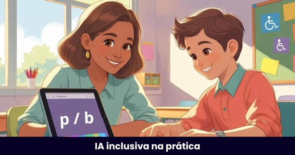 Ilustração de uma professora ajudando um aluno com dislexia a escrever a letra "D". Eles estão em uma sala de aula inclusiva com outros alunos ao fundo. Há um tablet com recurso de áudio na mesa, sugerindo o uso de tecnologia assistiva para leitura e escrita.