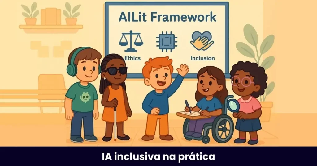 Turminha Inclusiva analisa um quadro com o título AILit Framework e ícones de ética, tecnologia e inclusão, representando a importância do letramento em IA para todos os alunos.