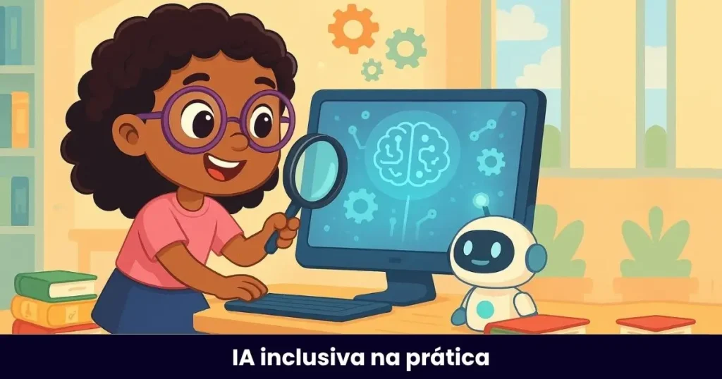 loli-superdotada-ia-inclusiva Menina superdotada usando lupa diante de quadro com desafios e tecnologia, representando altas habilidades com IA.
