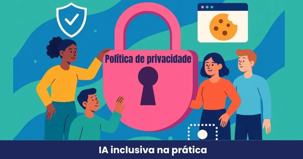 politica-de-privacidade-ia-inclusiva. Ilustração colorida com cadeado, ícones de privacidade, cookies e proteção de dados, representando segurança e privacidade no blog IA Inclusiva na Prática.