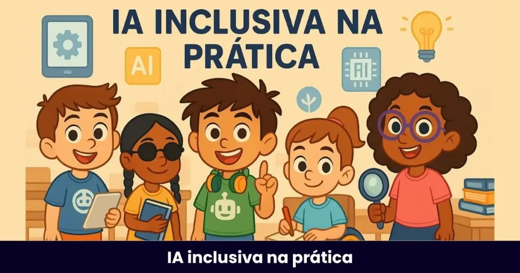 sobre-ia-inclusiva-na-pratica-turminha Turminha Inclusiva do projeto IA Inclusiva na Prática: cinco crianças diversas em ambiente escolar com ícones de tecnologia, representando inclusão, neurodivergências e uso da inteligência artificial na educação.