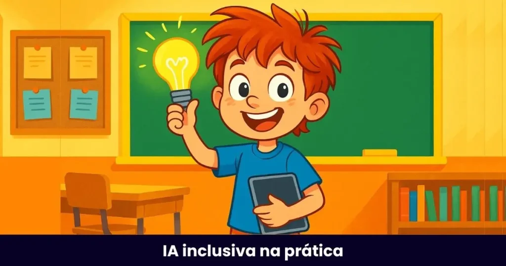 tdah-inteligencia-artificial-beni Ilustração do personagem Beni com TDAH segurando um tablet e uma lâmpada em sala de aula, representando o uso da inteligência artificial na inclusão escolar.