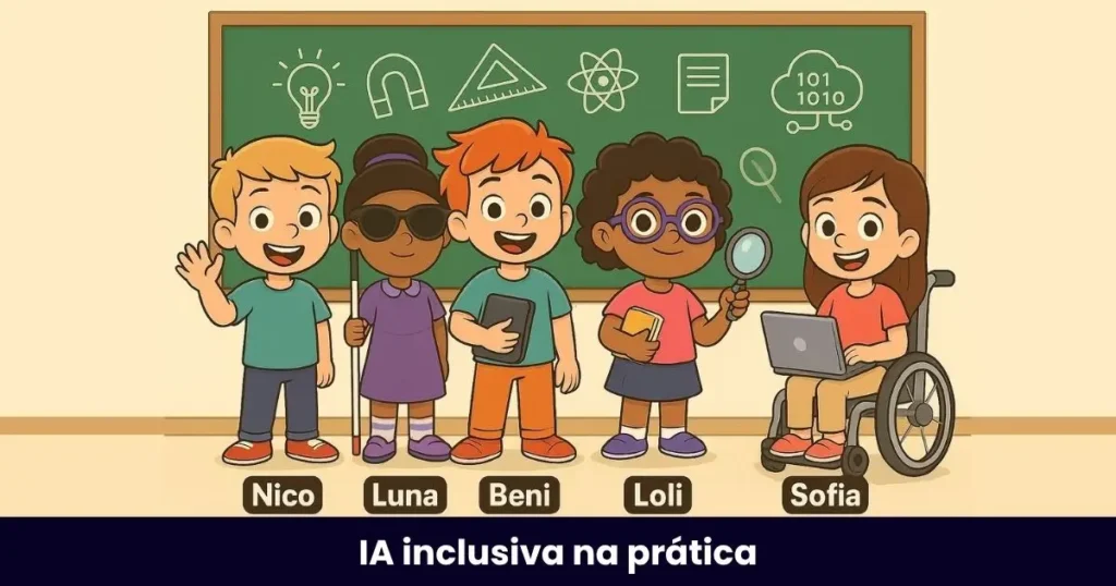 Os cinco personagens da turminha inclusiva: Nico, Luna, Beni, Sofia e Loli.