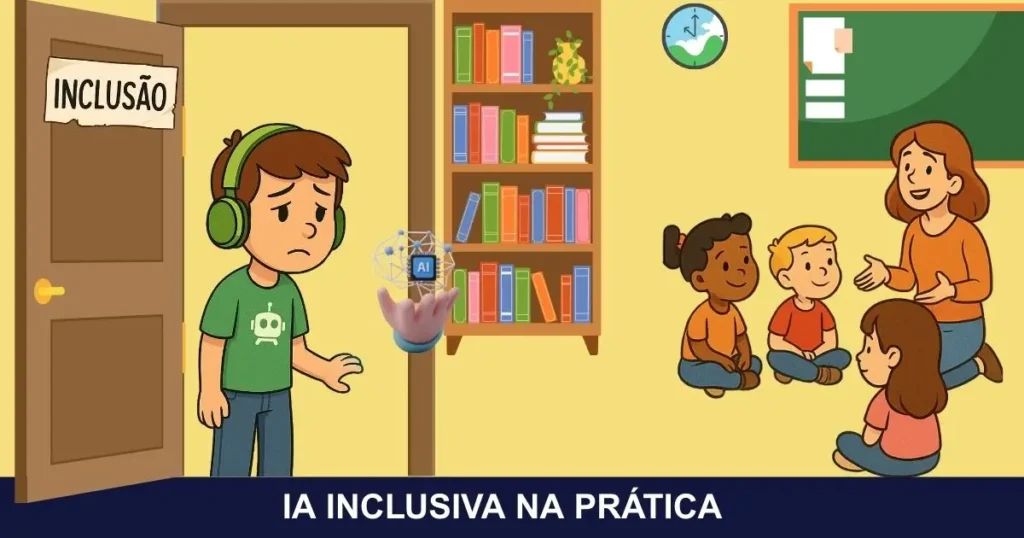 Ilustração do personagem Nico, menino com fones verdes e camiseta com robô, excluído do lado de fora de uma sala de aula com a palavra ‘Inclusão’ rasgada na porta. Outras crianças estão dentro aprendendo com a professora. Um feixe azul em forma de tecnologia/IA simboliza esperança de inclusão real.