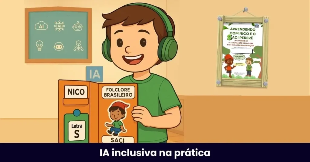 Nico, aluno autista da Turminha Inclusiva, segura cartões com IA e lapbook do Saci em uma proposta de aulas inclusivas para alunos autistas