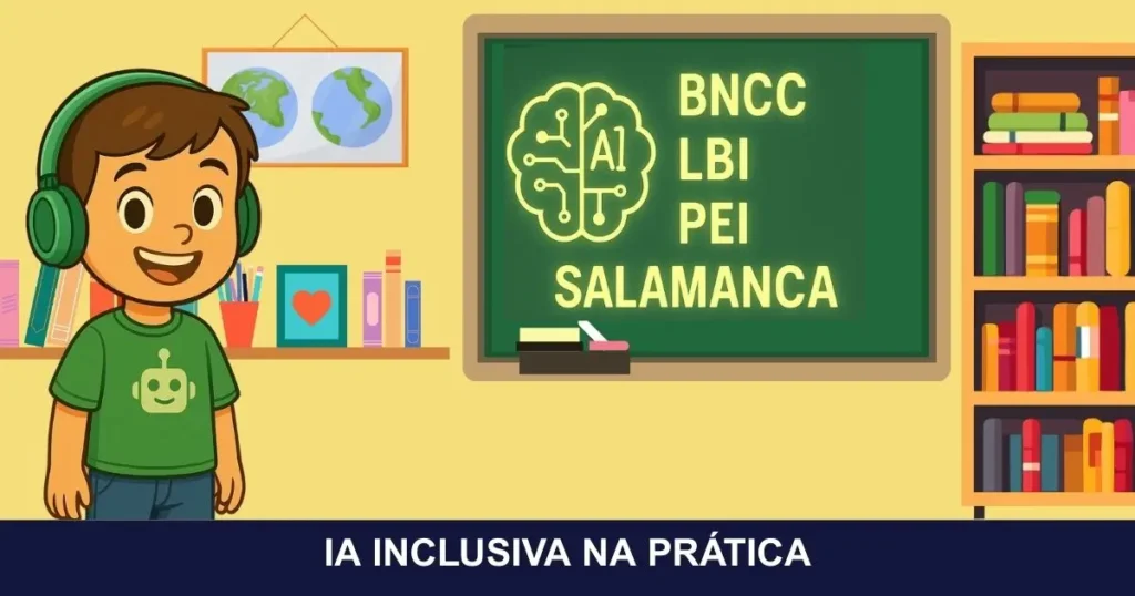 Nico, personagem da Turminha Inclusiva, em sala de aula ao lado de um quadro com ícone de inteligência artificial e as siglas BNCC, LBI, PEI e Salamanca, simbolizando inclusão e tecnologia na educação.