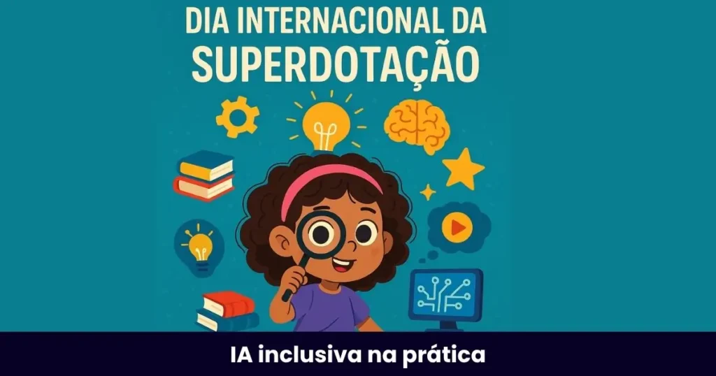 Ilustração da personagem Loli representando crianças superdotadas no Dia Internacional da Superdotação, cercada por símbolos de criatividade, conhecimento e tecnologia.