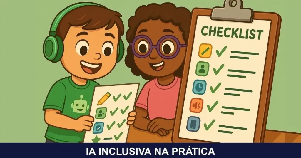Nico e Loli, da Turminha Inclusiva, analisam juntos um checklist de avaliação adaptada para o AEE, com ícones visuais e marcações verdes que representam inclusão, acessibilidade e justiça na aprendizage