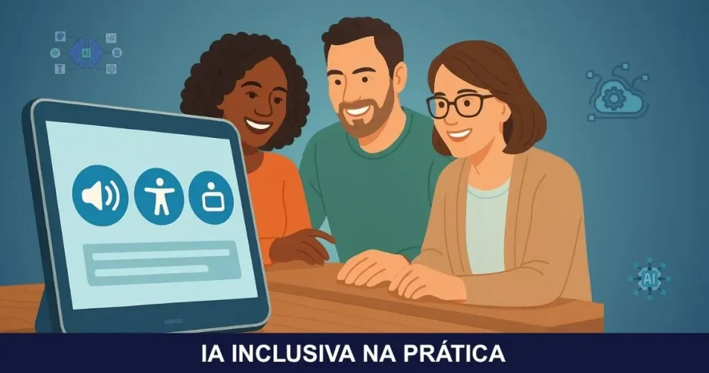 Ilustração digital mostrando um tablet com ícones de acessibilidade em primeiro plano e três jovens adultos sorridentes aprendendo juntos ao fundo, simbolizando a inclusão no EJA com apoio da tecnologia e da inteligência artificial.