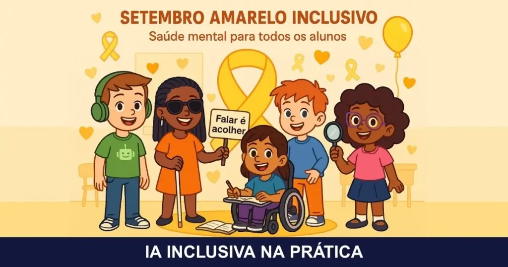 setembro-amarelo-inclusivo-saude-mental-para-todos Turminha Inclusiva reunida em sala de aula com laço amarelo e cartaz ‘Falar é acolher’, representando o Setembro Amarelo Inclusivo e a importância da saúde mental para todos os alunos, incluindo neurodivergentes.