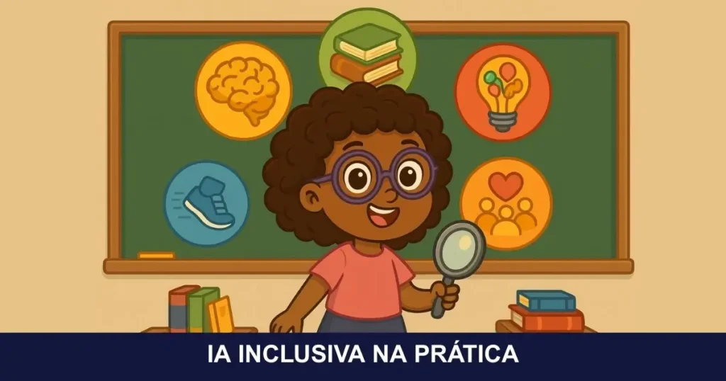 Ilustração da personagem Loli da Turminha Inclusiva com lupa, cercada por ícones que representam os tipos de superdotação: intelectual, acadêmica, criativa, psicomotora e socioafetiva, em ambiente escolar.
