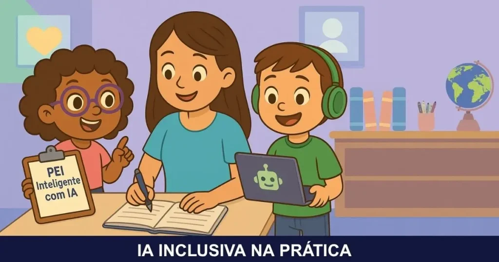 Professora escrevendo o Plano Educacional Individualizado -PEI Inteligente- com apoio da Inteligência Artificial, enquanto os personagens Loli e Nico da Turminha Inclusiva colaboram de forma alegre em um ambiente escolar acolhedor. A imagem representa o uso da IA para tornar o PEI mais humano e acessível.