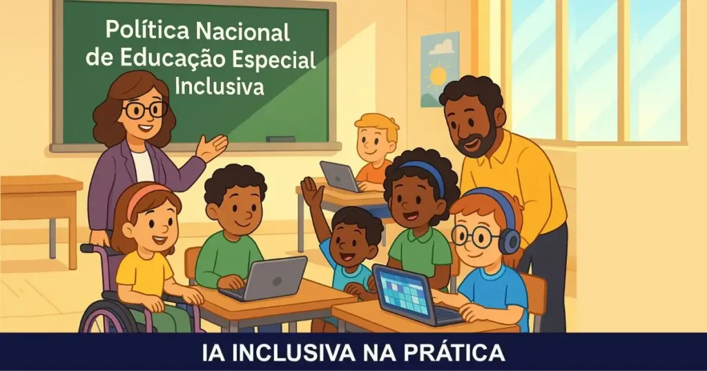 Turminha Inclusiva apresenta a nova Política Nacional de Educação Especial Inclusiva Decreto 12.686/2025, com tecnologia e colaboração em uma sala de aula acolhedora