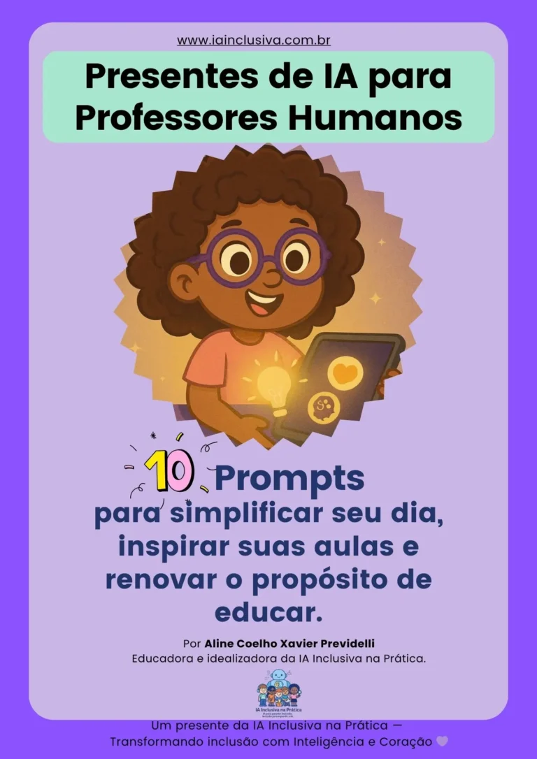 Loli entregando um presente digital com símbolos de IA, coração e lápis flutuando, representando tecnologia e afeto.